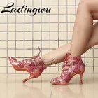 Женские ботинки для латиноамериканских танцев Ladingwu, танцевальные ботинки на мягкой подошве, женские сандалии на молнии, обувь для латиноамериканских танцев, синиекрасные замшевые ботинки со змеиной текстурой