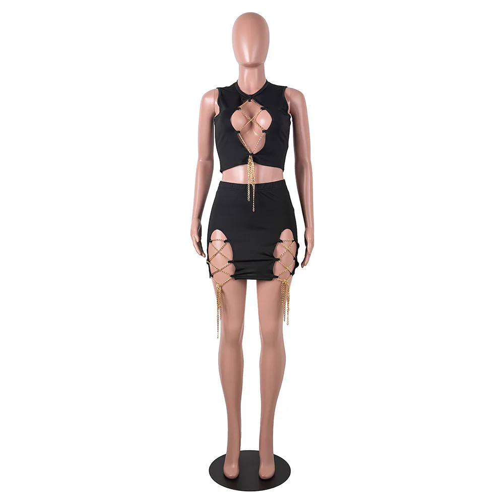 

Sexy Criss-Cross Lace Up Skirt Set Woman Sleeveless Hollow Out Crop Top And Sheath Mini Skirts 2 Piece Set Night Club Outfits