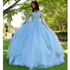 Роскошный светильник, бальное платье небесно-голубого цвета, Quinceanera, платья с кружевной аппликацией, на заказ, с длинными рукавами, 16