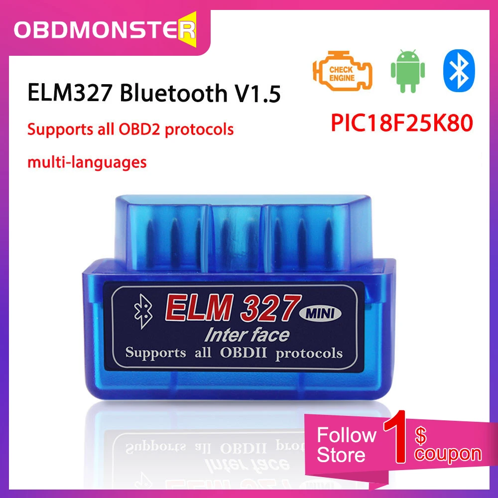Автомобильный Bluetooth сканер ELM327 V1.5 PIC18F25K80 OBD2 ELM 327 Android/ПК крутящего момента адаптер