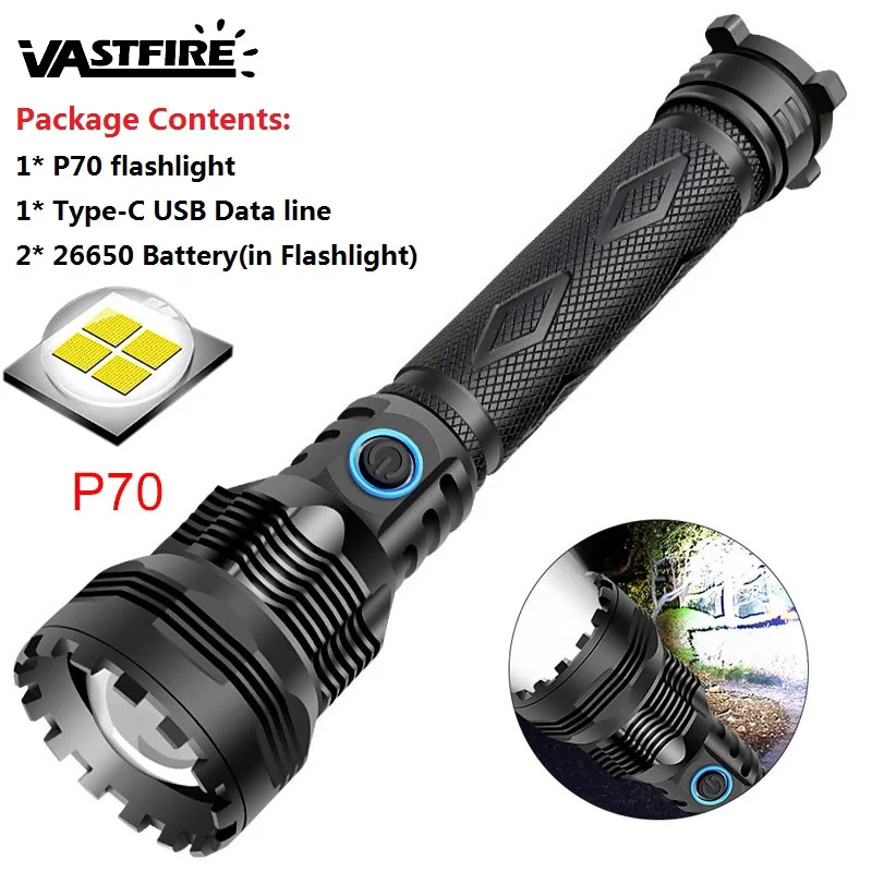Precio Linterna Con Zoom Y Luz Potente Para Exteriores, P70, Carga Rápida, LED De Alta Potencia, Diseñada A Prueba De Agua, Para Batería Recargable 26650