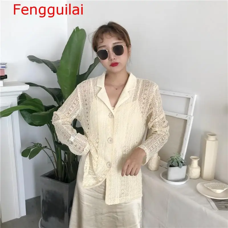 Женская кружевная блузка Fengguilai осенняя ажурная рубашка с длинным рукавом и