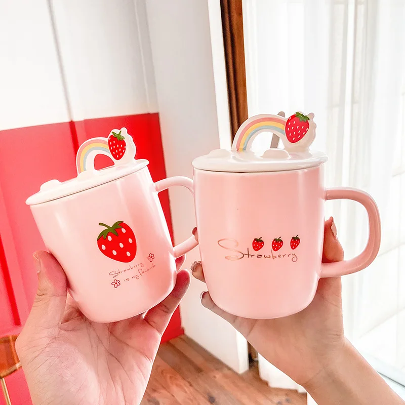 

Cute Strawberry Ceramic Cup Pink Girl Heart Mug with Mobile Phone Holder Cover and Spoon Creative Coffee Water Cup
