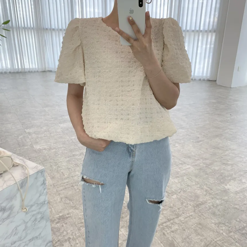 

ZCSMLL Korean summer round neck pullover loose solid color wild pleated bubble cotton short-sleeved shirt top women