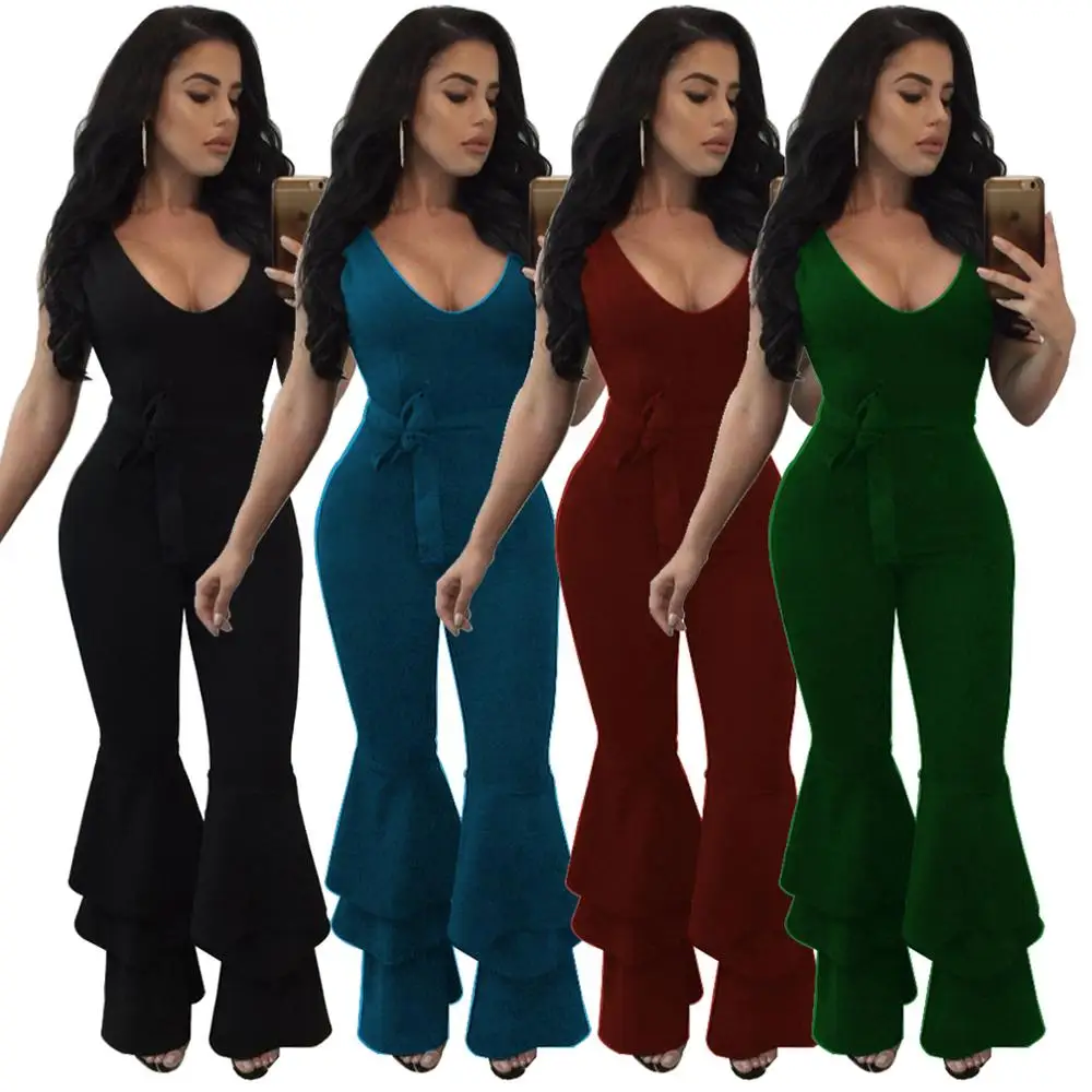 

Hot Selling Women Casual Solid Jumpsuits 2021 Spring Newest Sleeveless Deep V-Neck Slim Waist Skinny Cascading Ruffles Rompers