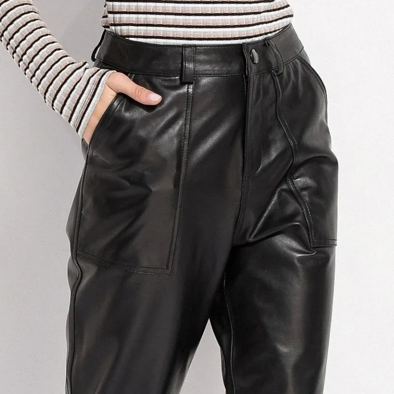 

High Waist Genuine Leather Ankle Length Trousers Women Casual Loose Fit Harem Pants High Quality Fashion Real Sheepskin Pants