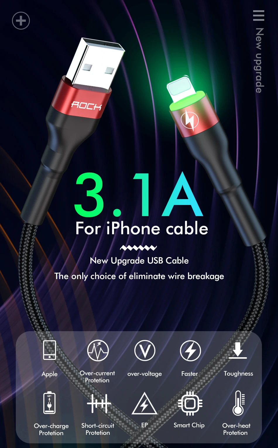 ROCK Metal Led usb-кабель со светом для iPhone 11 Xs MAX Xr X 8 7 6 6s Plus Быстрая зарядка для iPad 100 см 200 см 50 см Быстрая зарядка данных