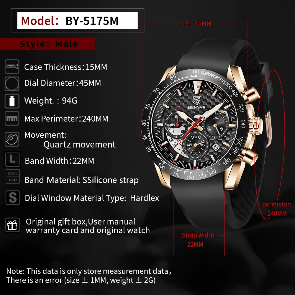 

Fashion Relogio Masculino BENYAR Top Brand Luxury WristWatch Quartz Clock Black Watch Men Waterproof Sport Chronograph Men Watch