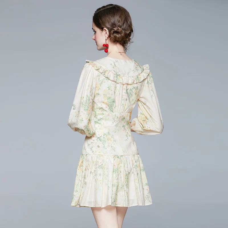 

Women Spring Designer Elegant Sexy Ruffles Floral Print Dress Female Vintage Court Bind V Neck Mini Dresses Vestidos