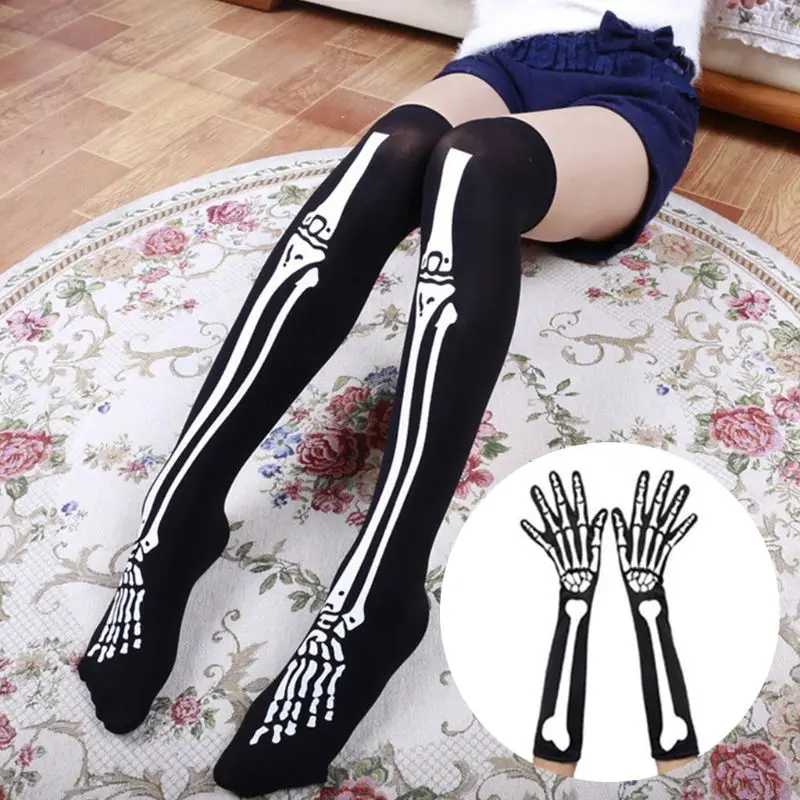 

Womens Halloween Cosplay Skull Skeleton Bone Gloves Thigh High Stockings Socks