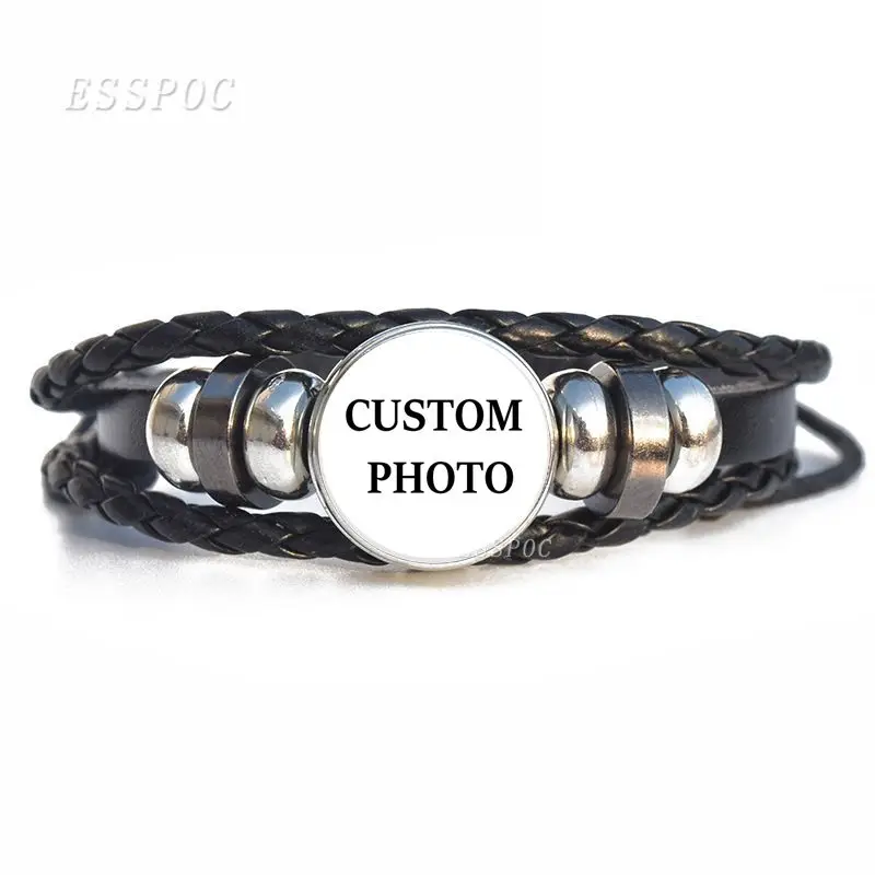 Черный кожаный браслет с фото на заказ для мужчин и женщин плетеный