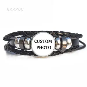 Черный кожаный браслет с фото на заказ для мужчин и женщин, плетеный кожаный браслет с кнопками-застежками в стиле стимпанк, индивидуальный подарок для друга