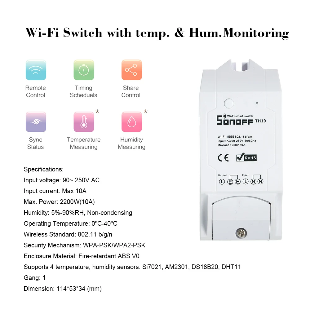 Умный Wifi переключатель SONOFF TH10 10A/2200 Вт контроль температуры и влажности
