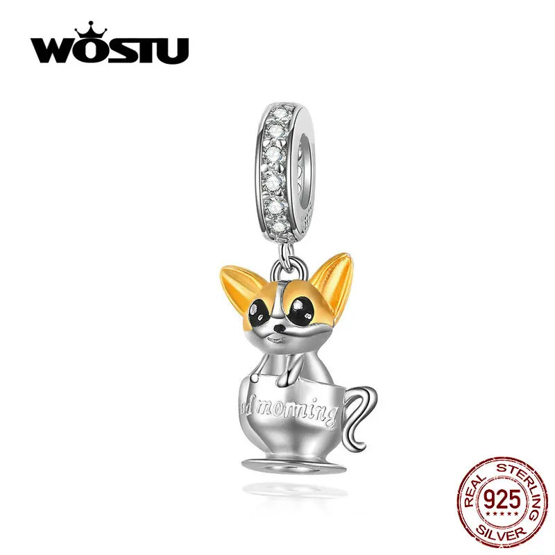 WOSTU/Очаровательные Подвески с изображением кота, 925 пробы, серебряная эмаль, бусины в виде животных, подходят для изготовления оригинальных браслетов своими руками CQC1214