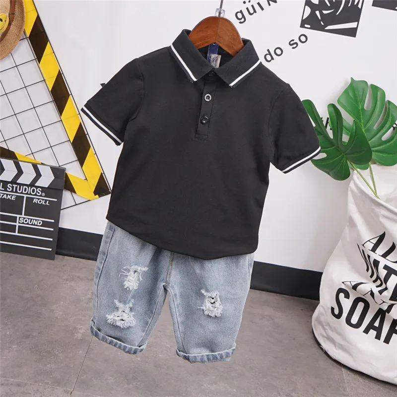 

Toddler Boy Clothing Sets Casual Solid Color Short Sleeve T-shirts Hole Denim Shorts Kids Clothes 2 3 4 5 6 Years 2020 Summer