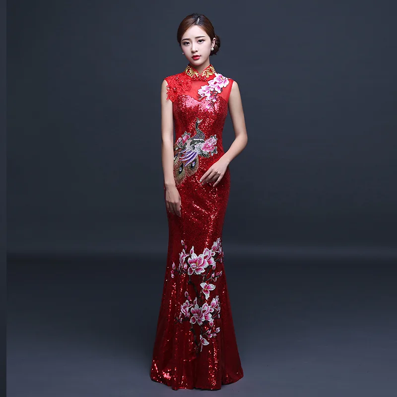 Темно-красный Для женщин Русалка Cheongsam Длинные вечерние платья с воротником