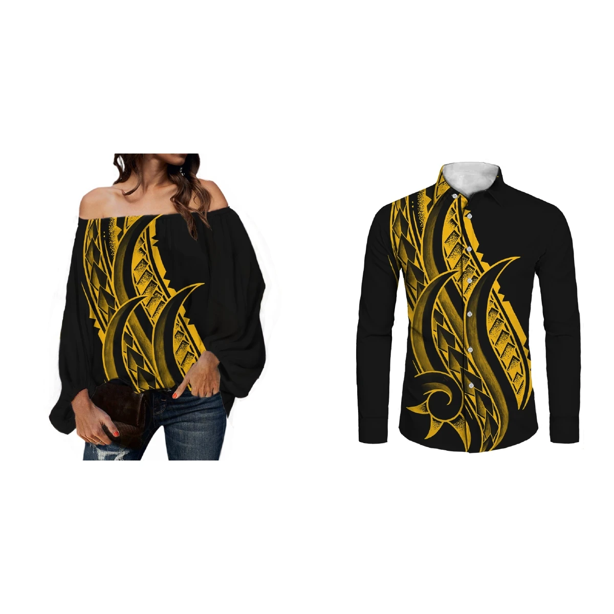 New Arrivals Men's Long-Sleeved Shirt Custom Polynesian Tribal Gold Background with Stripe Prints Couple Wear One-shoulder Top