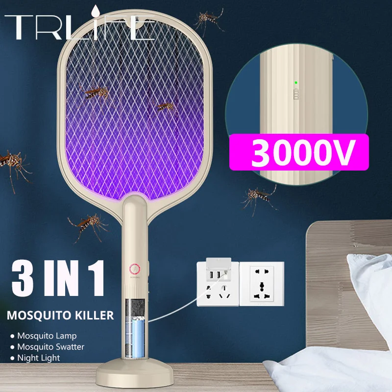 3IN1 10LED противомоскитная лампа на солнечной батарее 3000V Электрическая мухобойка USB Перезаряжаемые летние мухобойка ловушка для мух насекомых для офиса 365 - изображение