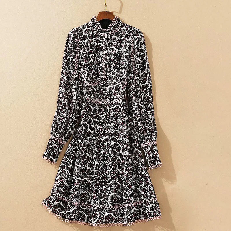 

Newe HIGH QUALITY Fashion 2021 Designer dress Women's Stand Collar Long Sleeve Hollow Out Embroidery Floral Print vintage dress