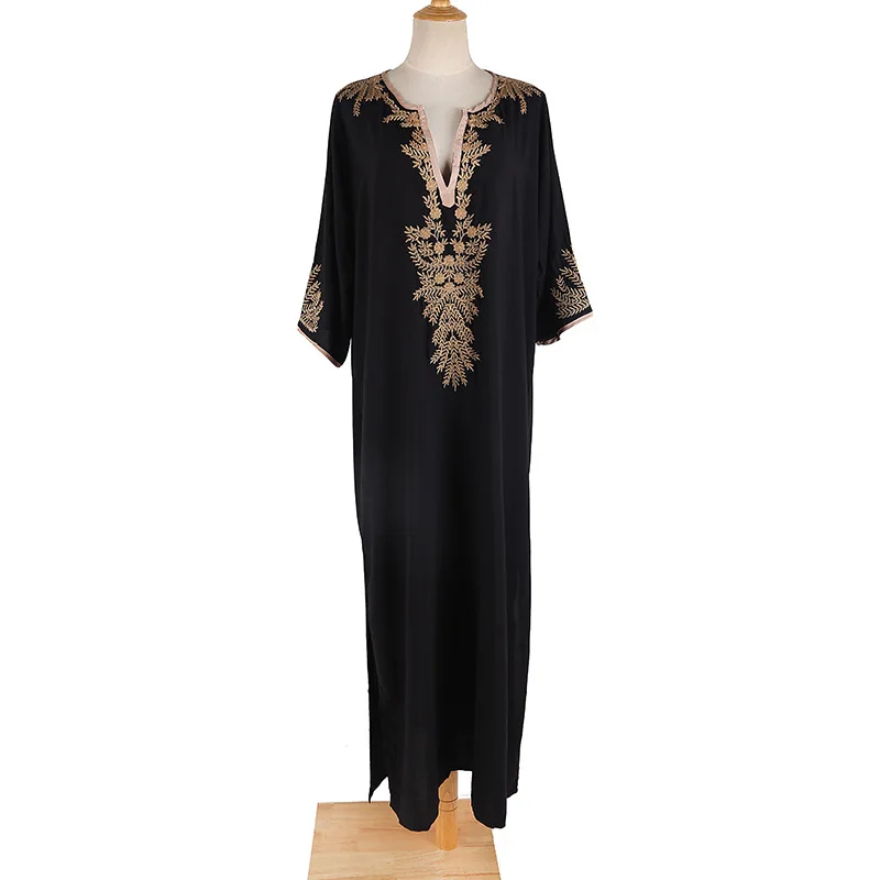 2021 Fashion Synthetic Cotton Open Skirt Embroidered National-Style Bikini Beachwear Vacation Robe Women V-Neck Black Dress