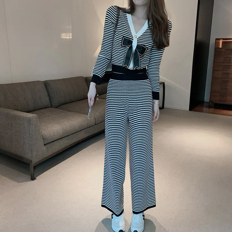 

Striped Knitted 2 Piece Set Autumn Winter Bow Cardigan Sweater Crop Top + Wide Leg Pants Two Piece Set Casual Tracksuit Women
