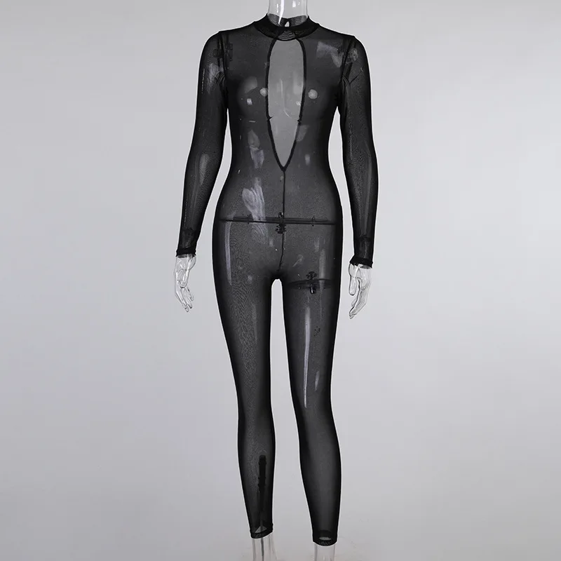 

Spring Sexy Women Jumpsuits Mesh Sheer Full Sleeve Bodysuit One Piece Club Outfits Night Club Rave Festival Clothes Streetwear