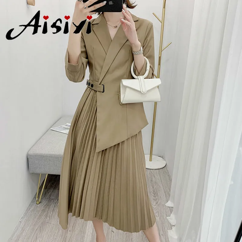 Женское винтажное плиссированное платье блейзер элегантное офисное с длинным