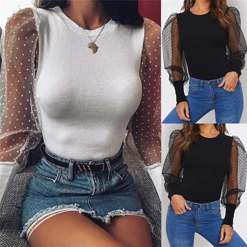 

Fashion Women Ladies Pure Skinny Slim Jumpsuit Long Mesh Puff Sleeve Bodysuit Stretch Leotard Top Bandage Bodycon Party Clubwear