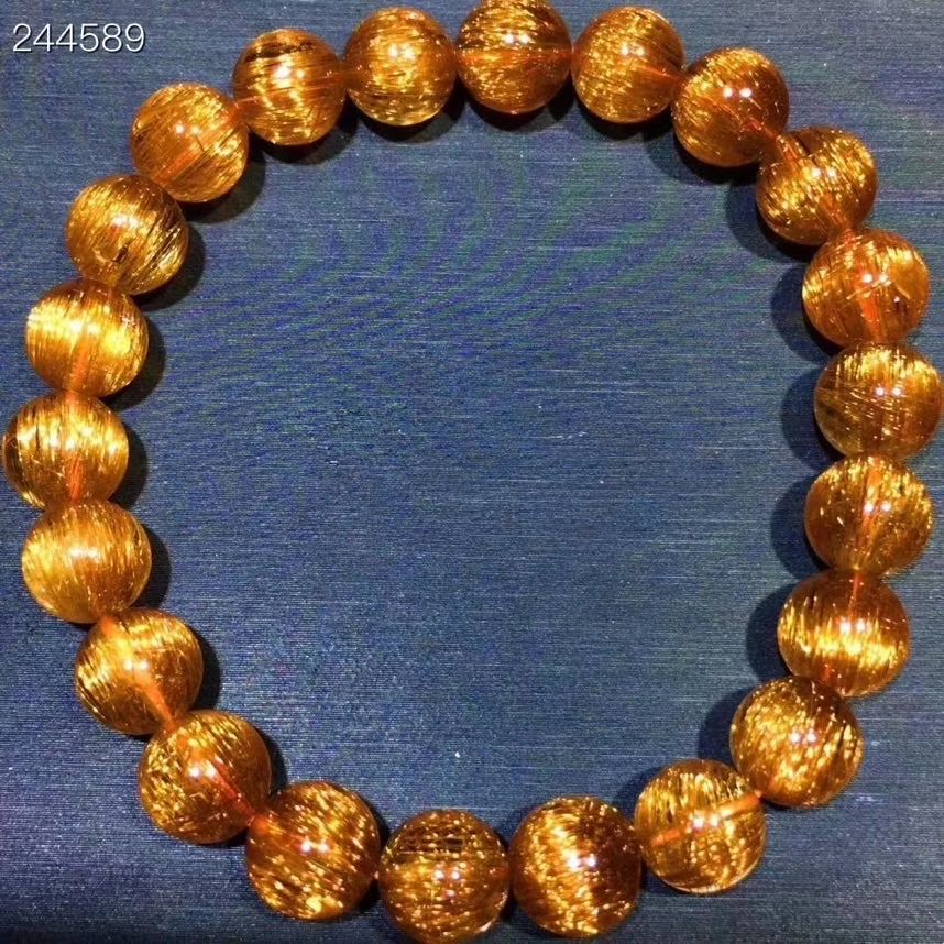 

9.5mm Natural Copper Rutilated Quartz Bracelet Clear Round Beads Bangle Cat Eye Women Men Wealthy AAAAA