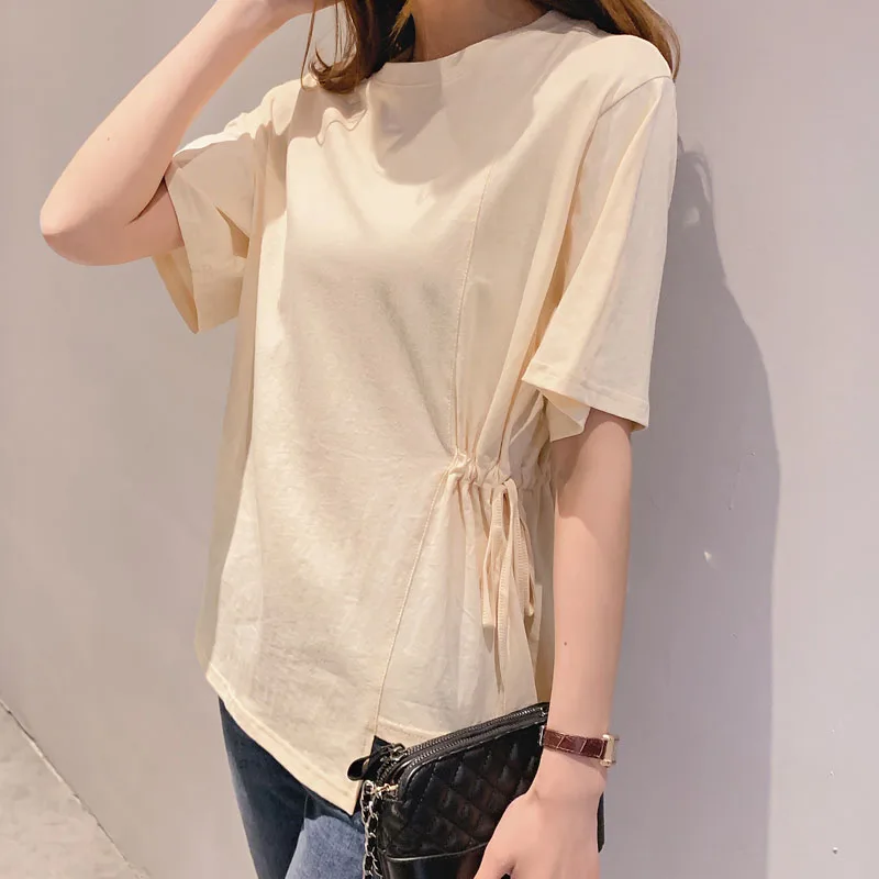 

2021 Summer New Irregular Korean Slim Popular O-Neck Cotton Commute Drawstring Simple Short Sleeved T-shirt women top Tee Tshirt