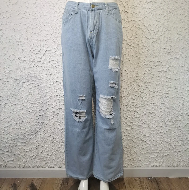 

Miguofan High Waist Blue Denim Women Jeans Pants Casual Hole Worn Plus Size Pants High Fashion Streetwear Jeans Trousers