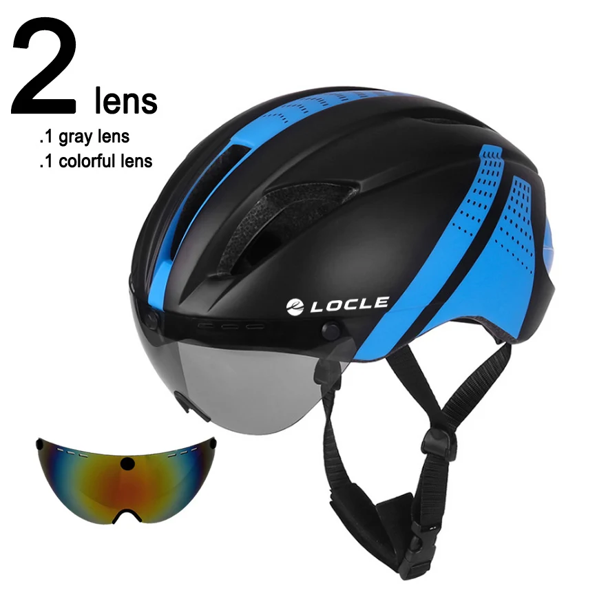 LOCLE, 3 линзы, Aero TT, для шоссейного велосипеда, велосипедные очки, шлем для велоспорта, защитный шлем для верховой езды, мужской, скоростной, пробный, шлем двойного назначения 280 г - Цвет: Black Blue 2 Lenses
