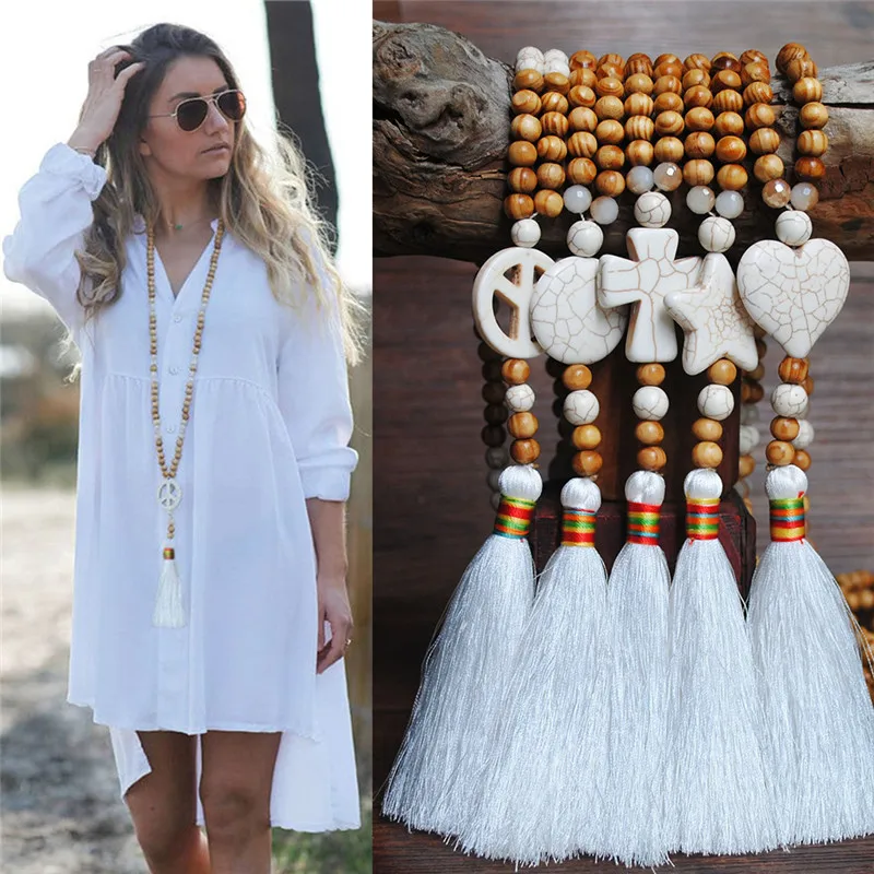 

Luokey Vintage Bohemian Tassels Long Chain Beads Necklace Handmade Stones Wood Ethnic Pendant Necklace For Women Fashion Jewelry