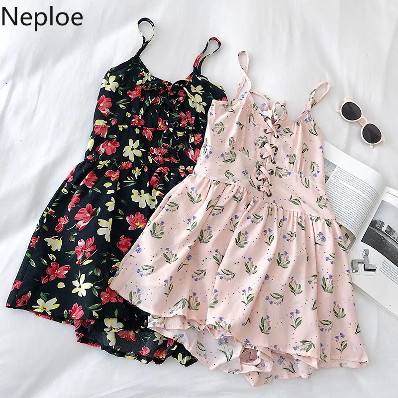Neploe Flower Print Jumpsuits Women Fashion V Neck Sleeveless Ladies Playsuits Elegant Lace Up Slim Waist Beach Bodysuit 1A1096 | Женская