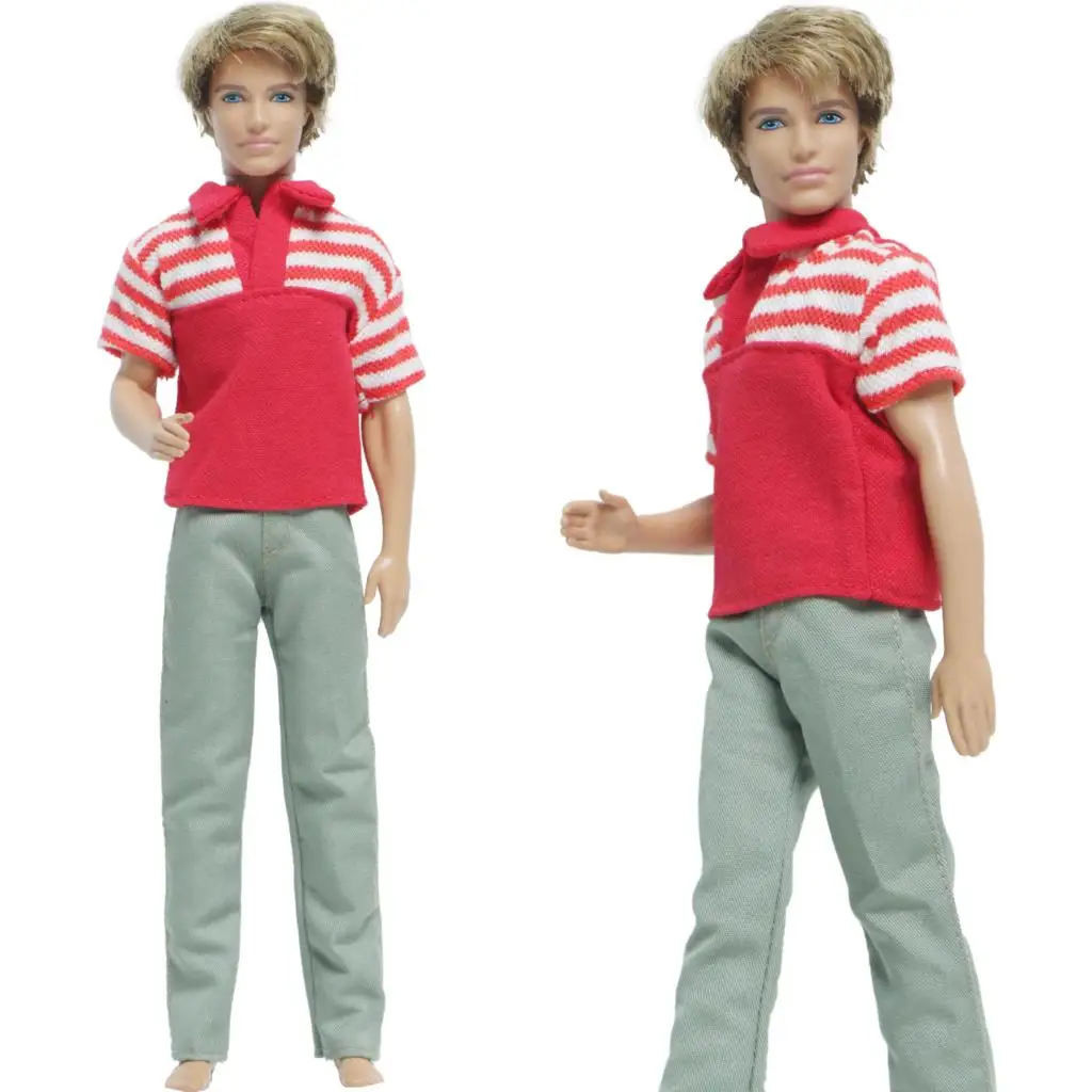 Набор мужской наряд Красная рубашка в полоску короткий рукав серые брюки одежда для куклы Барби Кен аксессуары детская игрушка.