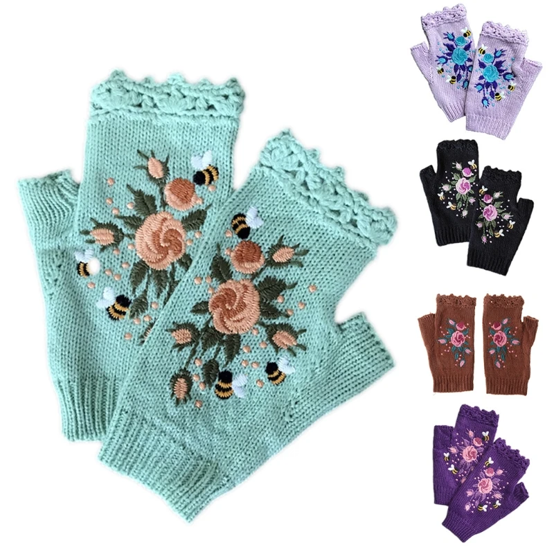 

Women Winter Crochet Knitted Fingerless Gloves Sweet Colorful Floral Bee Embroidery Thumbhole Texting Mittens Stretchy Arm