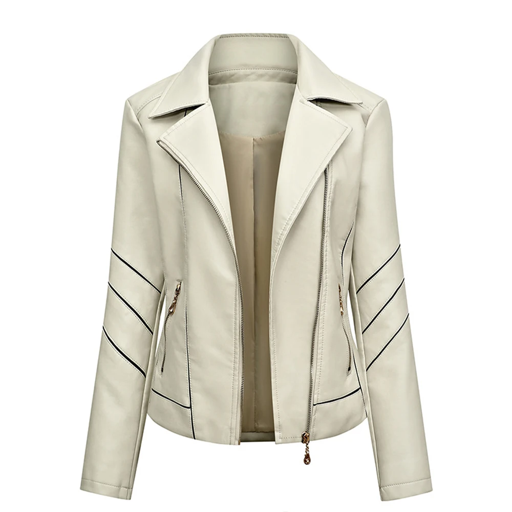 Elegant Women Zipper Up Leather Solid Color Jackets Turn Down Collar Long Sleeve Coats Spring Autumn Casual Slim Fit Outwear