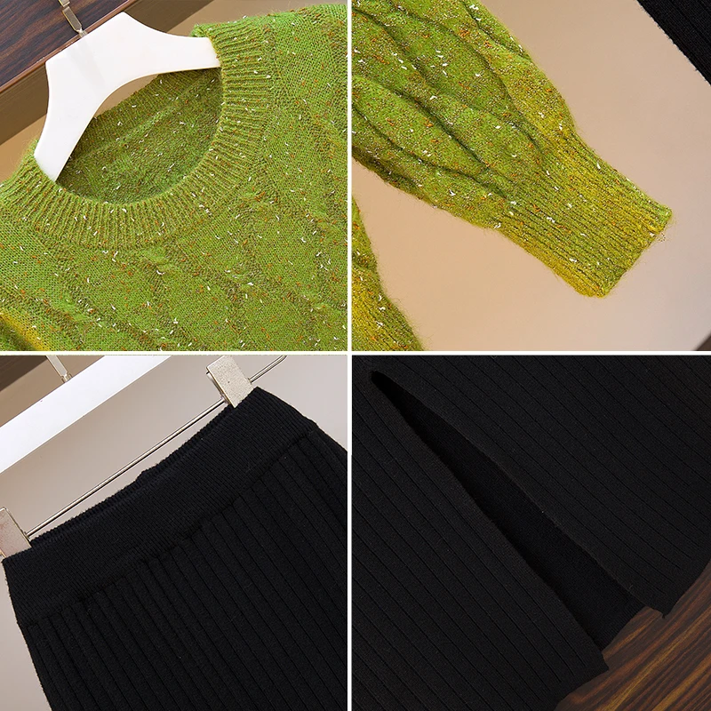 

020 New Winter Western Style Sweater & Black Bodycon Skirt Korea Fashion Knitted Skirts Two-Piece Outfit Pullover Top Lady Suit