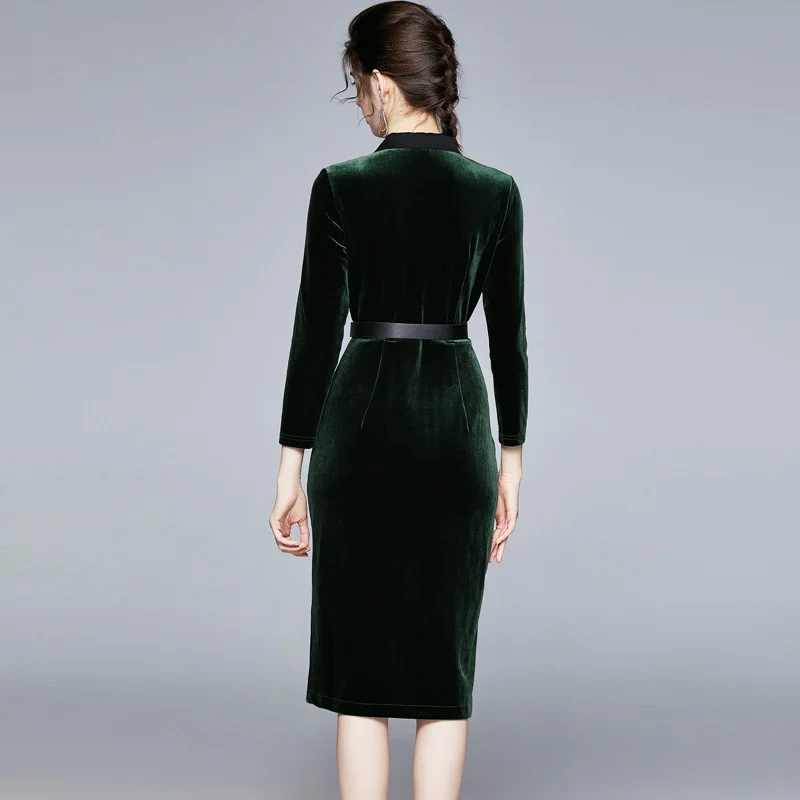 

Green Middle Dress Autumn Winter 2021Women's Double Breasted Suit Collar High Waist Retro Elegant Lady Golden Velvet Slim Skirt