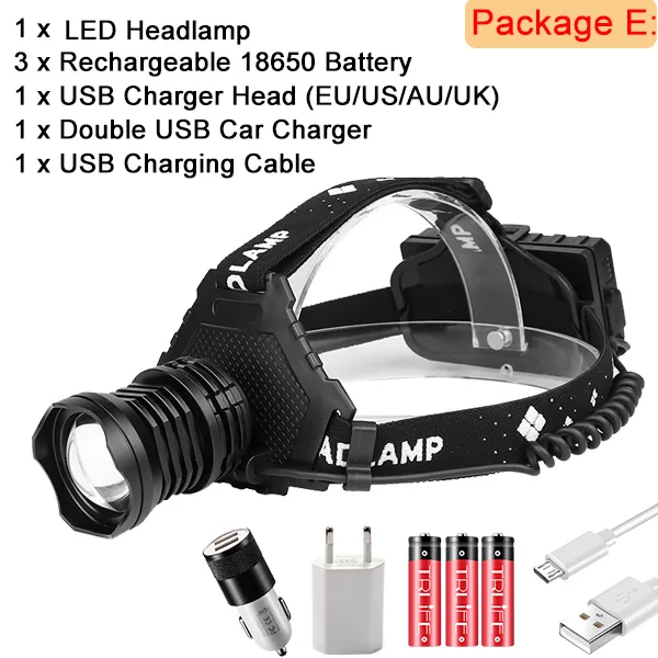 Package E Реальный 6200LM XHP70 светодиодный налобный фонарь USB Перезаряжаемый XHP50 очень яркий фонарь Lanterna Водонепроницаемый внешний аккумулятор использовать 3x18650 - Испускаемый цвет: Package E