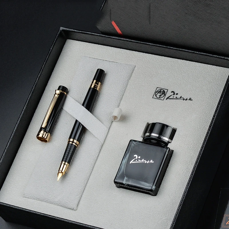 Pimio 5505 Luxury Black and Gold Clip 0.5mm Iridium Nib Fountain Pen Noble Fashion Gift Set Ink Pens with 40ml Black Bottle Ink