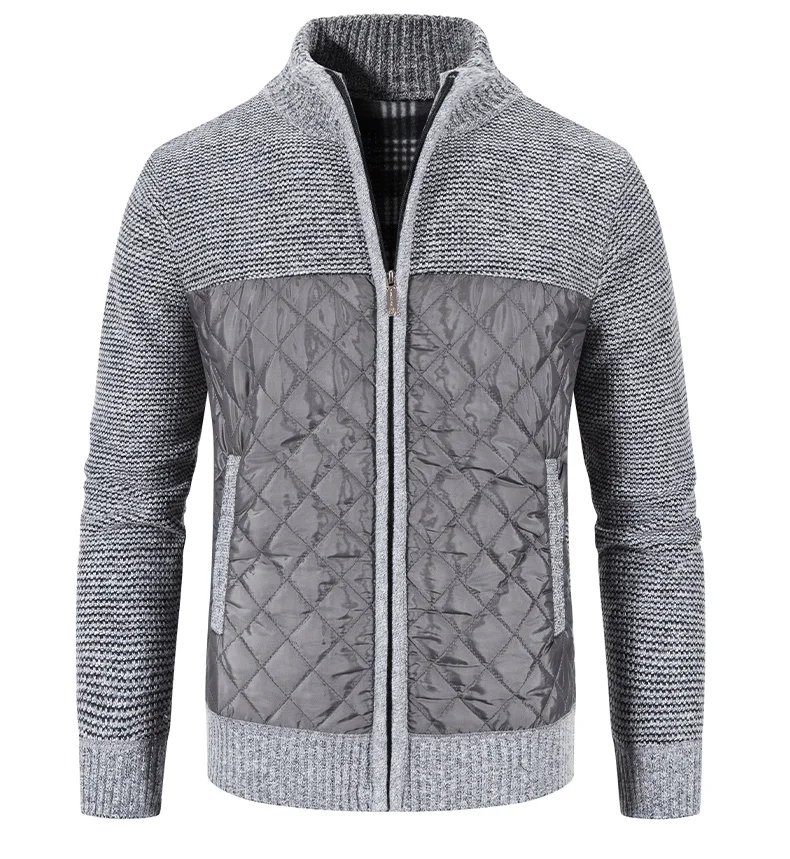 Men's Clothing Autumn Winter New Sweater Coat Thick Warm Wool Trend Patchwork Knit Cardigan Zip-up Stand Collar Jacket