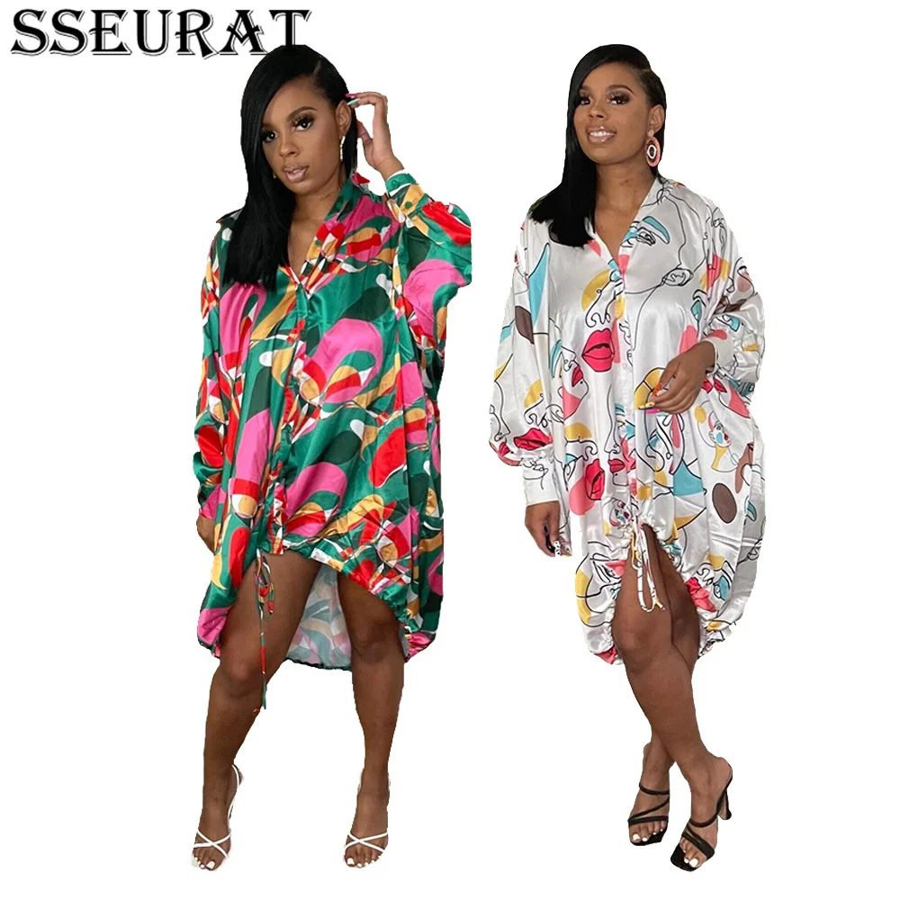 

SSEURAT Women Mini Dress Print Full Sleeve Turn-down Collar Single Breasted Loose Straight Dresses Office Lady Vestidos Summer