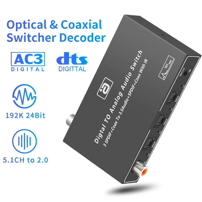 Оптический коаксиальный 4x3 коммутатор 24 бит 192K DAC 5.1CH на RCA 3 5 мм 2 канальный декодер