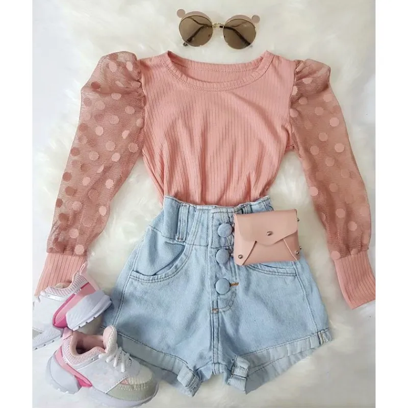 

2Pcs Sweet Girls Outfit Dot Mesh Splicing Puff Long Sleeve Round Collar Tops Denim Shorts Set Summer Autumn Girls Clothes Set