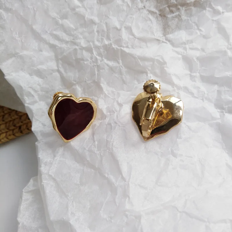 Женские винтажные серьги-клипсы винно-Красного цвета в форме сердца простое