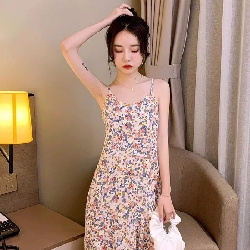 

Floral Suspender Sleeveless Dress Women's Summer Floral Long Skirt With Thin Ruffles