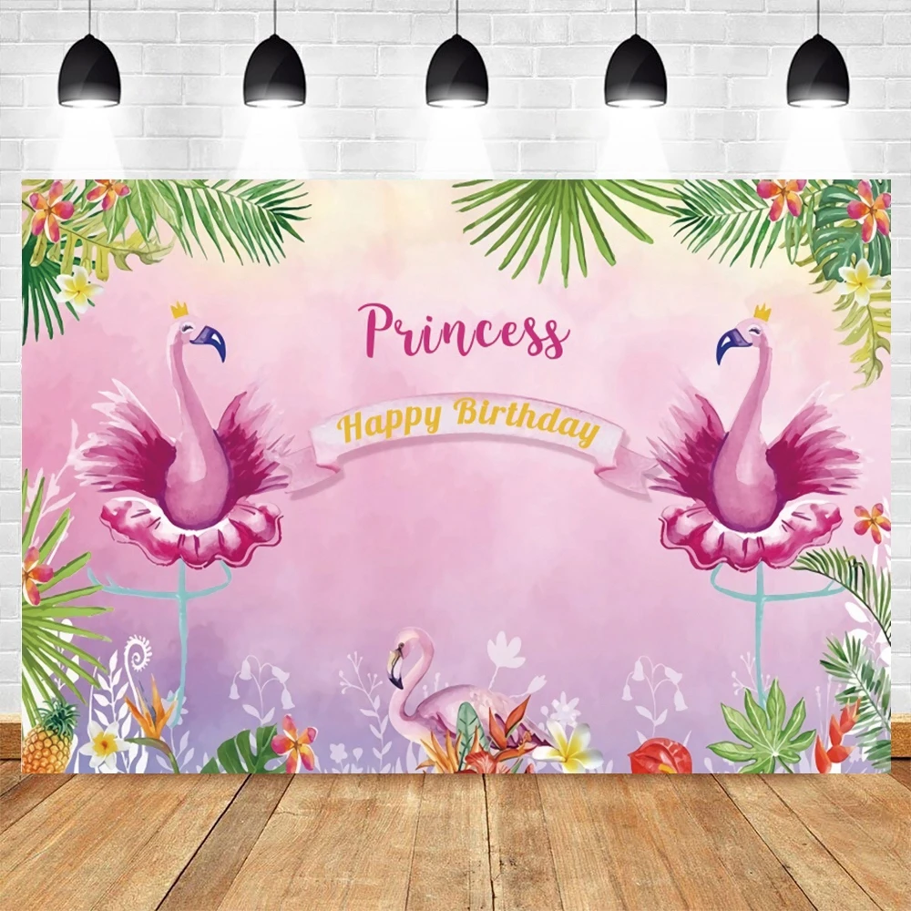 

Pink Flamingo Tropical Leaves Princess Girl Birthday Backdrop Vinyl Photography Background For Photo Studio Photocall Photophone