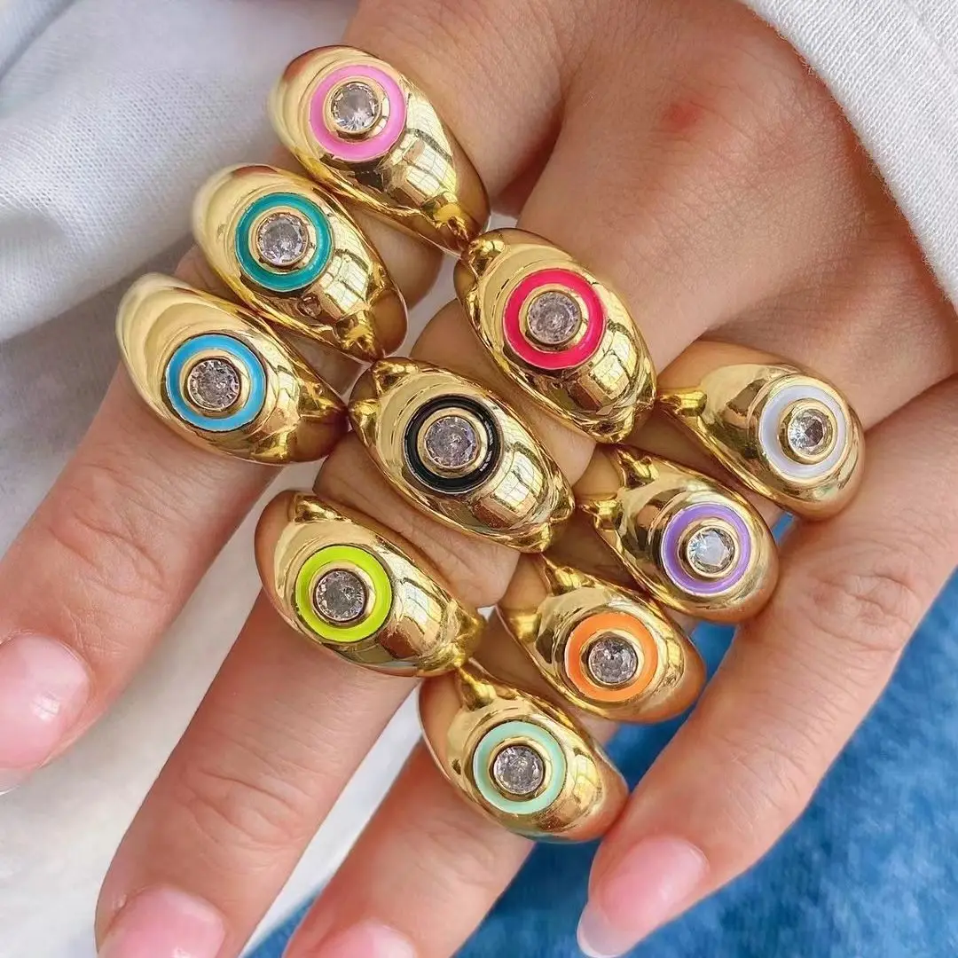 

10Pcs Classic Thick Rainbow enamel fashion jewelry rings round crystal pave rings metal rings for women