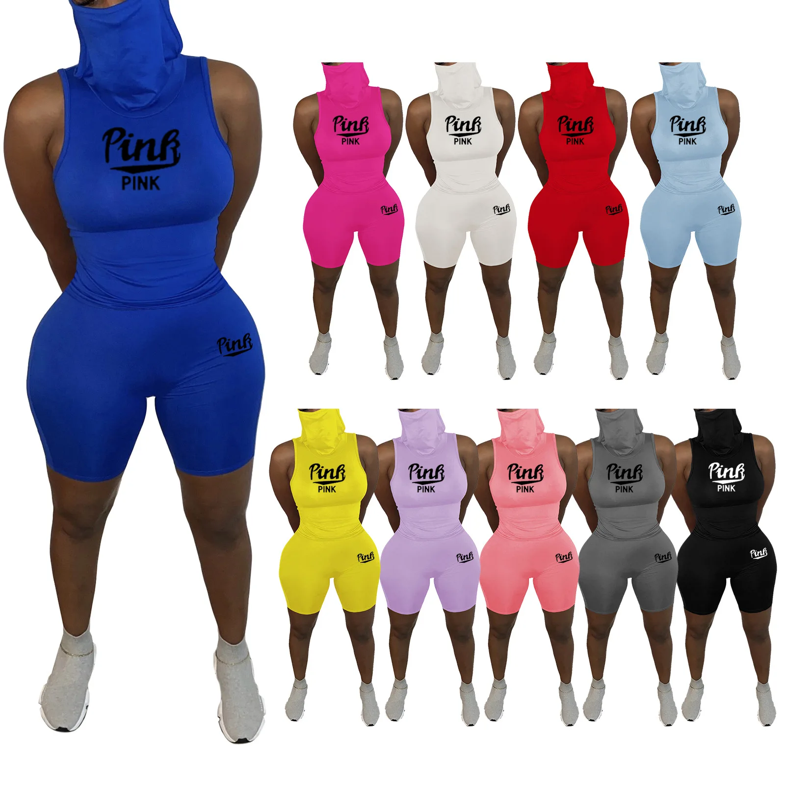 

Kiss Me Sport 2 Pieces Set Women High Neck Sleeveless Letter Print Crop Tops High Waist Shorts Sport Outfit Tracksuit Pants Sets